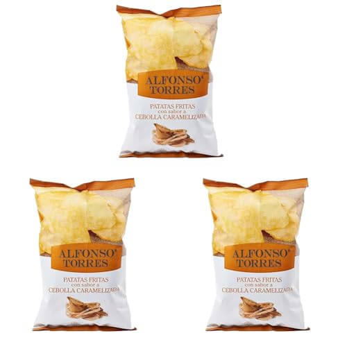Patatas Fritas con sabor a Cebolla Caramelizada. Bolsa de 120 gr. Elaboradas Artesanalmente con ingredientes 100% naturales. Patatas Fritas en Aceite de Girasol. Alfonso Torres. (Paquete de 3)