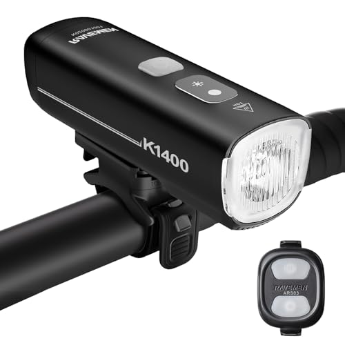 RAVEMEN 1400 lúmenes inteligente delantero para bicicleta de ciclismo, modo de conducción nocturna inteligente Ajuste automático de brillo, carga y descarga USB C IPX7
