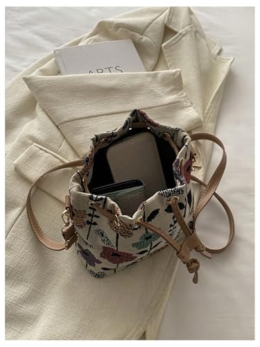Women's Floral Drawstring Bucket Bag Vintage Crossbody Bags Adjustable Strap Mini Canvas Purses4