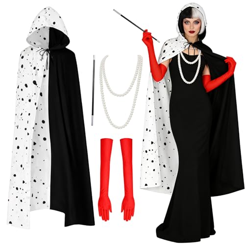 Jococs Black White Villain Costume for Women Dalmatian Cape Red Gloves Pearl Necklace Halloween...