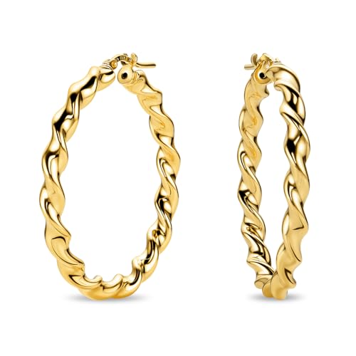 Miore Pendientes Mujer de Plata de Ley 925 Bañados en Oro de 18K 750, Grandes Aros Redondos de Oro con Tubos Retorcidos de 30 mm, Hechos a Mano en Italia, Joyas Dorados con Joyero