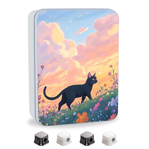 Image of Metal Tin Box with Lid,Multi-functional Storage Large Box Can Store Tea Biscuits Game Cards, Playing & Tarot Cards-Comes with 4 Magnetic Cord Clips,Black Cat in Flower Field