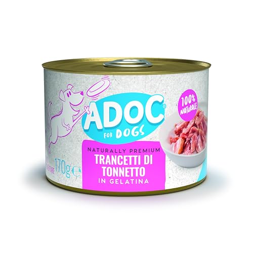 Adoc Naturally Premium, Alimento Umido Complementare per Cani, Filetti di Tonnetto, 24 Lattine da 170 g, in Gelatina, Senza Conservanti e Coloranti