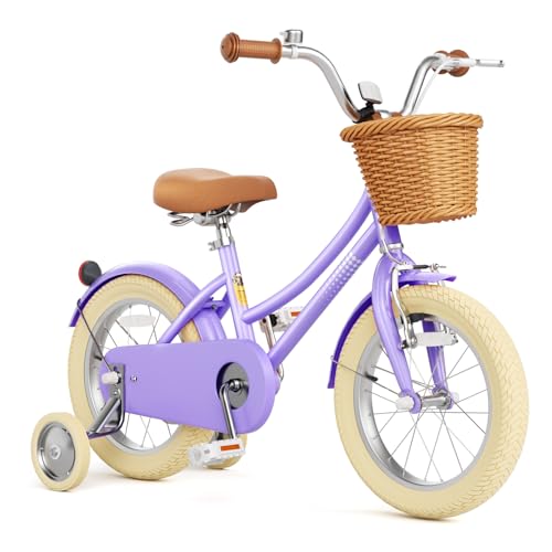 Image of Glaf Girls Bike with Training Wheels Toddler Kids Bike for 2-12 Years Old 12 14 16 18 20 Inch Children Cruiser Bicycle with Adjustable Seat and Handlebar (Purple, 12 Inch with Training Wheels)