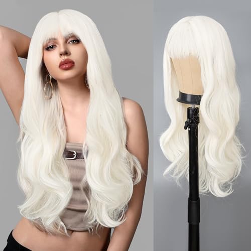 AISI QUEENS White Wigs for Women,Long Wavy Wig White Wig with Bangs Synthetic Heat Resistant for Halloween Cosplay Daily Party
