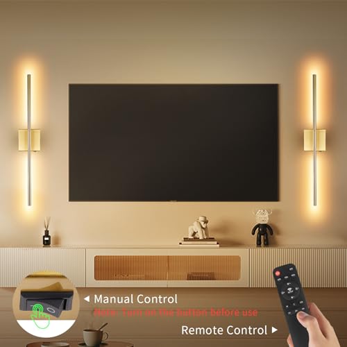 Image of Battery Operated Wall Sconce Set of Two with Remote Control, Rechargeable & Dimmable Wireless, Easy Install Peel and Stick, Timer Function, Wall Lights for Living Room, Bedroom, 28.3 inch (Brass)