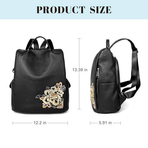 Image of BOYATU Women's Full-Grain Leather Backpack Purse, Elegant Floral Designer Purse, Work Commuter & City Travel, Compact Everyday Essentials, Fashion RFID Pocket Bag (Black)