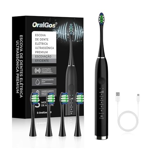 OralGos Escova Dental Elétrica para Adulto, 5 Modos Ultrassônicos, Limpeza Profunda, com 4 Cabeças Substituíveis, Recarregável e Portátil, 1 Unidade