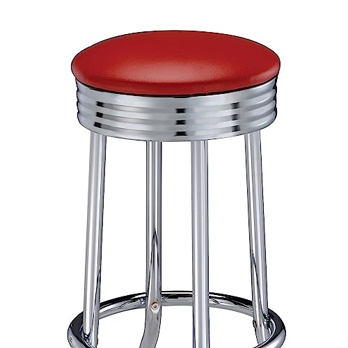 Butaco Benjara de 30 pulgadas, juego de 2 butacos retro con asiento de cuero sintético rojo y patas cromadas miniatura 5