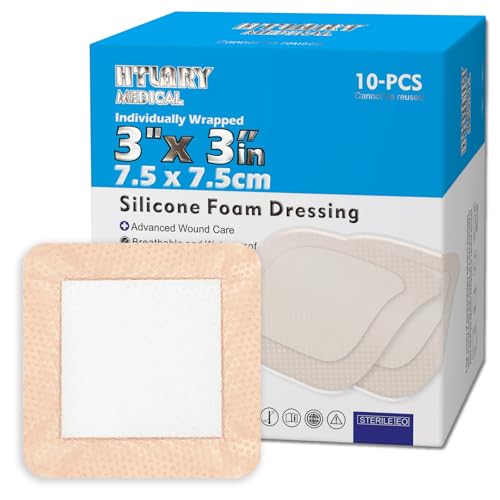 HTLARY Silicone Foam Dressing 3x3 inches 10 Pack Advanced Exudate Control for Pressure Ulcers, Surgical Wounds & Diabetic Care Waterproof Wound Dressing First Aid Bandage for Wound Care