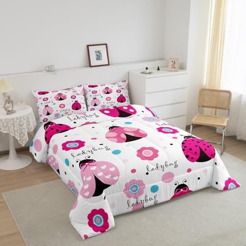 Girls Cute Ladybug Twin Size Comforter Set,Kids Pink and Blue Decor All Season Bedding Set,Teens Wave Point Comforter,Children Flowers and Plants Decor Quilt Set Bedroom Collection 2Pcs