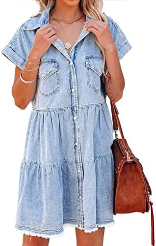 Astylish Girls Buttoned Denim Costume Brief Sleeve Informal Ruffled Mid Pom Pom Jean Costume