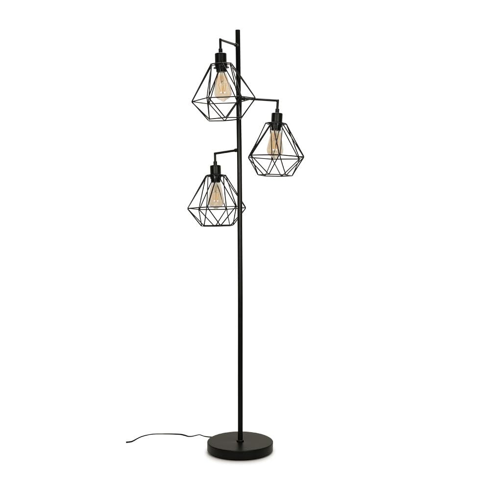 MiniSun | Modern 3 Arm Matt Black Metal Floor Lamp with a Black Geometric Shade | Floor Lamps & Torchieres, Home Décor & Improvement Essential | Includes 4W Bulb [2700K Warm White]