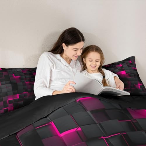 Image of Erosebridal Black Hot Pink Comforter Set Full Neon Geometric Checkered Bedding Set for Girls Teen Women Abstract Stereoscopic Grids Quilt Square Plaid Bed Set 3 Pcs Gamer Room Decor