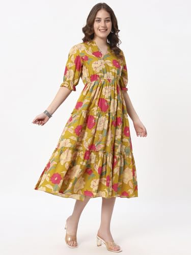 Image of PIDAVLIYA'S Women's Floral Summer Maxi Dress I Cotton Printed I One Piece Bodycon Midi Dress with V-Neck, Puffed Sleeves