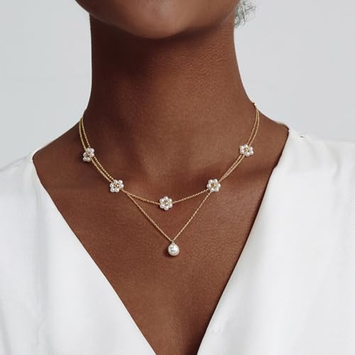 OGD Gold Pearl Necklaces Set for Women 14K Gold Plated Dainty Layered Pearl Cute Daisy Pearl Choker Gold Necklace Gifts for Women Gold Trendy Jewelry Gifts3