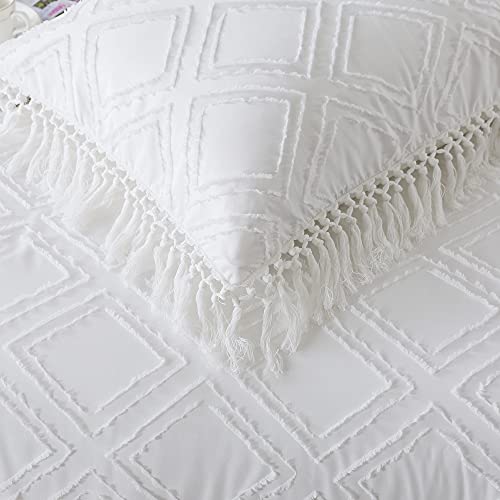 Perkily Chic Bedding White Comforter Set Tassel Fringed Queen 3 Pcs Clip Jacquard Bohemian Bedding Sets Vintage And Elegant Ruffle Boho Baby Teen Girls Bed Comforters #TOP3