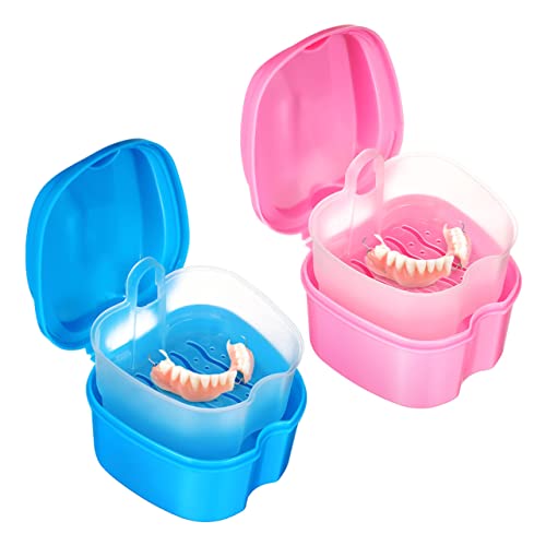 Veemoon 2 piezas Estuche de Dentaduras Portátil Caja de Almacenamiento para Prótesis y Retenedores para y Doméstico Color Azul y Rosa