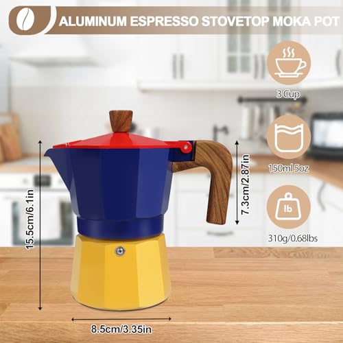Image of Aluminum 3 Cup 150ml Moka Pot Express Coffee Maker Stovetop Espresso Colorful Coffeemaker Italian Classic Style Brewing Greca Cafe Mocha Machine for Cafeteras Lover Camping Travel and Home Use 5oz
