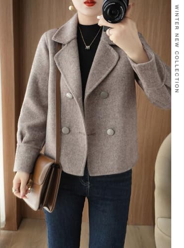 utcoco Womens Cropped Wool Coats Notched Lapel Pea Coat Short Jacket Button Down Crop Blazer Jackets2