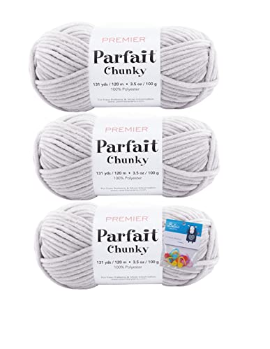 Image of Premier Yarns Parfait Chunky Chenille Yarn 3.5 Oz 6 Super Bulky Weight 3 Pack Bundle with Bella's Stitch Place Holders (Fog)