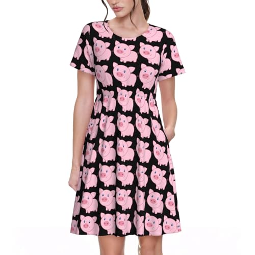 Robe d'été décontractée manches courtes col rond imprimé cochon avec poches