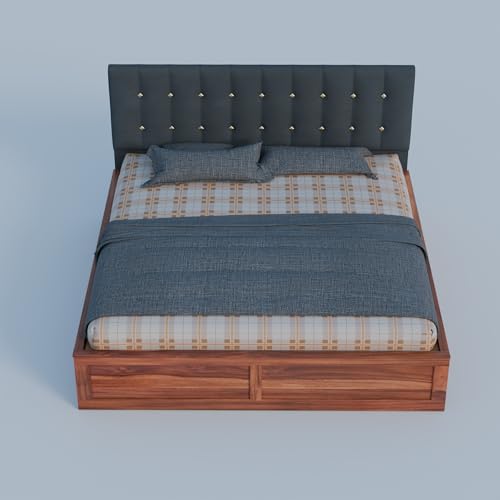 Image of Sheesham Wood King Size Bed with Storage Box | Upholstered Beds | Platform Cot with Cushioned Headboard | Double Bed for Home | Recommended Mattress 78x72 Inch | Dark Grey & Honey Finish