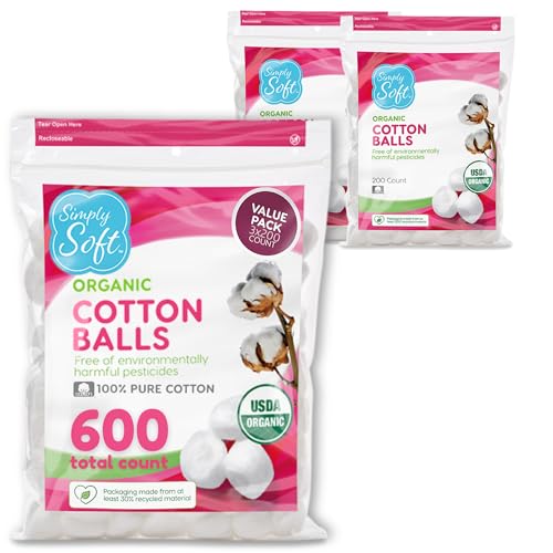 Simply Soft Premium Organic Cotton Balls, 600 Count (3 Bags) 100% Pure Cotton, Certified, Hypoallergenic, Large, Soft & Absorbent for Beauty, Cosmetics, Skin Care, Lint Free