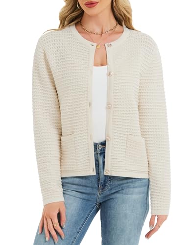 Hody Lovy Women's Knit Cardigan Sweaters Casual Long Sleeve Open Front Button Down Trendy Jackets Outerwear Cream