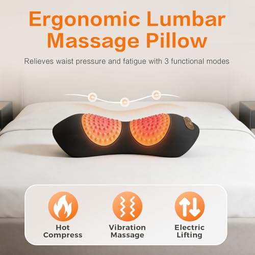 Etatsen 3-in-1 Electric Lumbar Support Pillow for Bed and Chair, Triple Fusion Back Massager with Heat, Vibration & Traction, Designed for Lower Back Comfort and Spine Support
