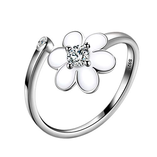 Besilver White Enamel Cute Flower Adjustable Ring Women 925 Sterling Silver Darling Daisy Hawaiian Flower Tender Ring Girlfriend Wife Birthday Anniversay Gift FR0001W