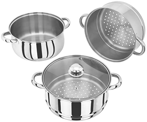 Judge Essentials Edelstahl Dampfgarer Topf, 3 Ebenen, 24 cm, Glasdeckel mit Entlüftungsloch, Integrierter Kochtopf, Backofenfest, Induktionsgeeignet