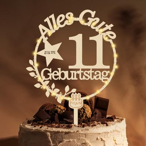 Giftota Cake Topper 11. Geburtstag Holz mit LED Lichterkette - Tortendeko 11. Geburtstag Deko - Kuchen Deko für Jungen Mädchen