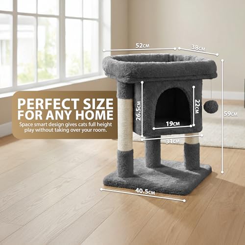 Rex & Roxy Cat Tree 59cm | Cat Tower with Oversized Perches, Condo and Hanging Ball | Pet Furniture House for Kittens | Cat Scratching Post for Scratching, Playing and Sleeping | Grey - Image 3