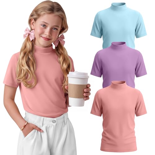 LessonZoo 3 Pack Girls Mock Neck Shirts Short Sleeve Turtleneck Top Summer Casual T-Shirt Basic Tee for Teen Kids 5-14 Years(Peach Pink Pink Purple Light Blue 13-14 Years)