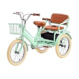 Kids Tricycle for Ages 4-9, 16 inch Height-Adjustable Toddler Tricycle with 2 Seats, 3 Storage Baskets, Dual Handbrake Boys and Girls Tricycle (Green)