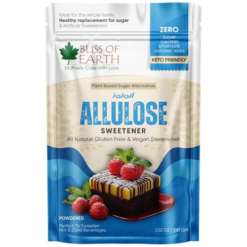 Bliss of Earth Allulose Sweetener 100gm Zero Calorie Keto Sweetener Natural Sugar Substitute Zero Glycemic Allulose Powder Non-GMO Vegan Ideal for Baking & Beverages