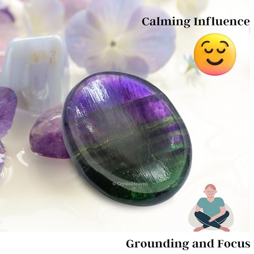 Image of Certified Fluorite Crystal Thumb Worry Pebbles Stones for Anxiety Stress Relief Massage - AAA Grade Original Healing Gemstone Agate Rubbing Stone for Yoga Meditation Spiritual Reiki Feng Shui