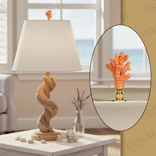 Image of Royal Designs, Inc. Sea Life Lamp Finial, Medium Coral, Orange, Polished Brass Base, Replacement Finial for Table or Floor Lamps