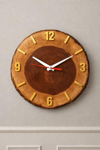 Image of Wall Clock | Handcrafted Sheesham Wooden Wall Clock with Silent Sweep Quartz Movement - Solid Wood Wall Clock for Living Room, Office & Home Decor (Rustic Design) (Golden)