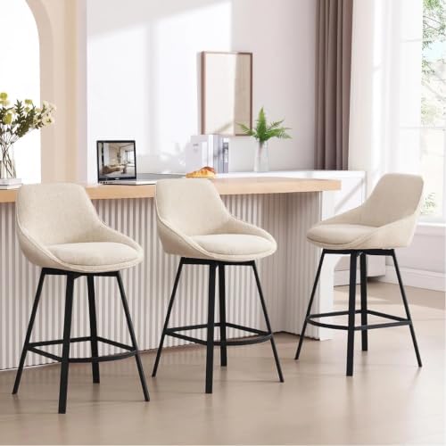 Image of Zesthouse Swivel Bar Stools Set of 3, Modern Counter Height Barstools with Backs, 26'' Upholstered Linen Fabric High Chairs for Island Kitchen, Counter Height Chairs with Metal Legs, Beige