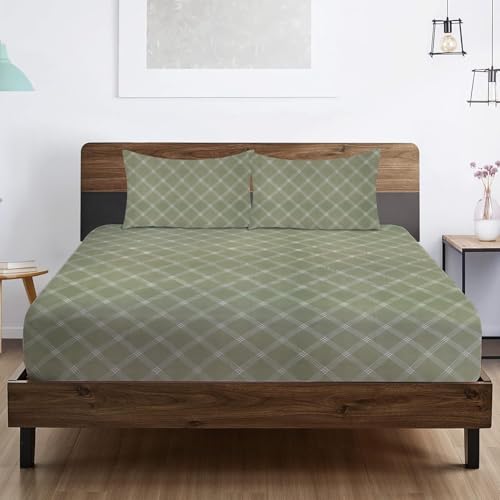 Image of RD TREND Waterproof Fitted Bedsheet for Queen Size Bed (78x60x8 Inches) | Ultra-Soft Glace Cotton Elastic Sheet with 2 Pillow Covers (18x28 Inches) (Green Check)