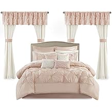 Madison Park Essentials Room in a Bag Faux Silk Comforter Set-Luxe Diamond Tufting All Season Bedding, Matching Curtains, Decorative Pillows, Queen90"x90", Blush 24 Piece MPE10-809