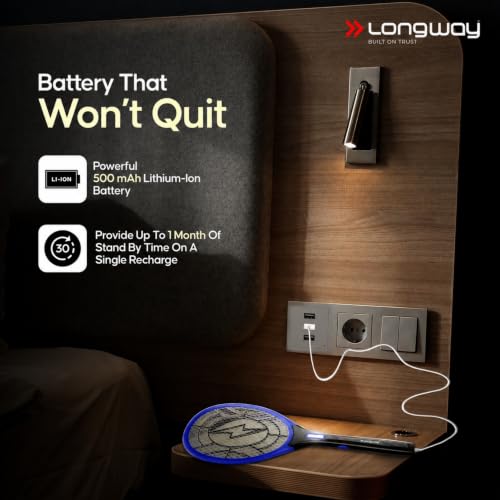 Image of Longway Zappy Rechargeable Mosquito Killer Racket Built in COB Light | 3500V DC Voltage on The Net Mesh| Mosquito Bat | 1 Month Stand by 500mah Long Lasting Internal Battery (Blue)