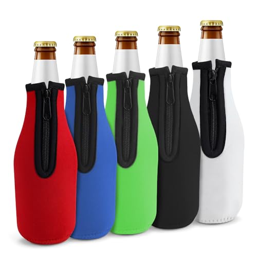 Enfriador Botellas, DEANKEJI 5 Piezas 300-500ml, Enfriador de Botellas de Vino Productos Tela con Cremalleras，Enfriador de Copas Cerveza, Mantenga las Bebidas Cerveza Frescas