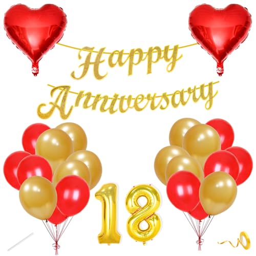 Image of Flyloons 18th Happy Anniversary Decoration Items Red Gold for Men Women Husband Wife Mom Dad Parent Couple Home Bedroom Car With 20 Pcs Metallic Balloons Anniversary Banner 2 Pcs Heart Set Kit