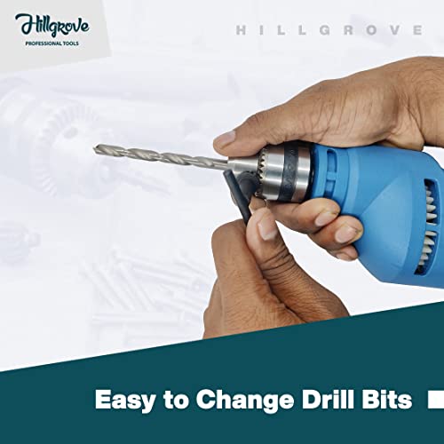 Image of Hillgrove HGCM1089M2 All Purpose 500W Drill Machine with 5Pcs HSS Drill Bits for Making Holes in Metal /Wood /Concrete with Reverse Rotaion and Variable Speed Pistol Grip Drill (10 mm Chuck Size)