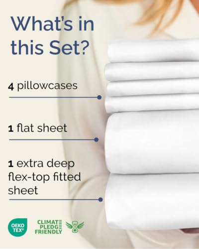 Image of Flex Top Split Head King 6 Piece Sheet Set - Breathable & Cooling - White | Ultra Soft Hotel Luxury Bedding Set w / 8-16 Inch Deep Pockets, 1 Flat & 1 Split-Head Fitted Sheet & 4 Pillowcases, Fade Free