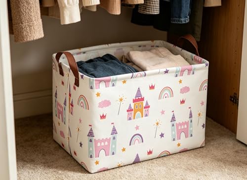 Image of Baskets Nursery Basket Storage Bins Rectangular Cute Storage Bin Organizer Book Shelf Basket Rose Room Decor(Castle)