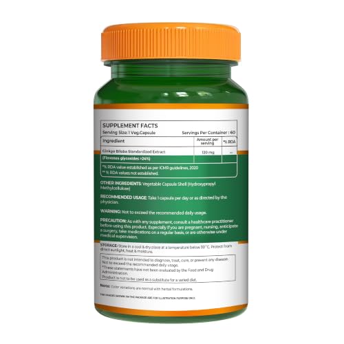 Image of Pure Nutrition Ginkgo Biloba | Gingko Biloba Capsules Supports Memory, Better Concentration | 24% Flavone Glycosides Helps Reduce Stress & Improve Blood Circulation - 60 Veg Capsules